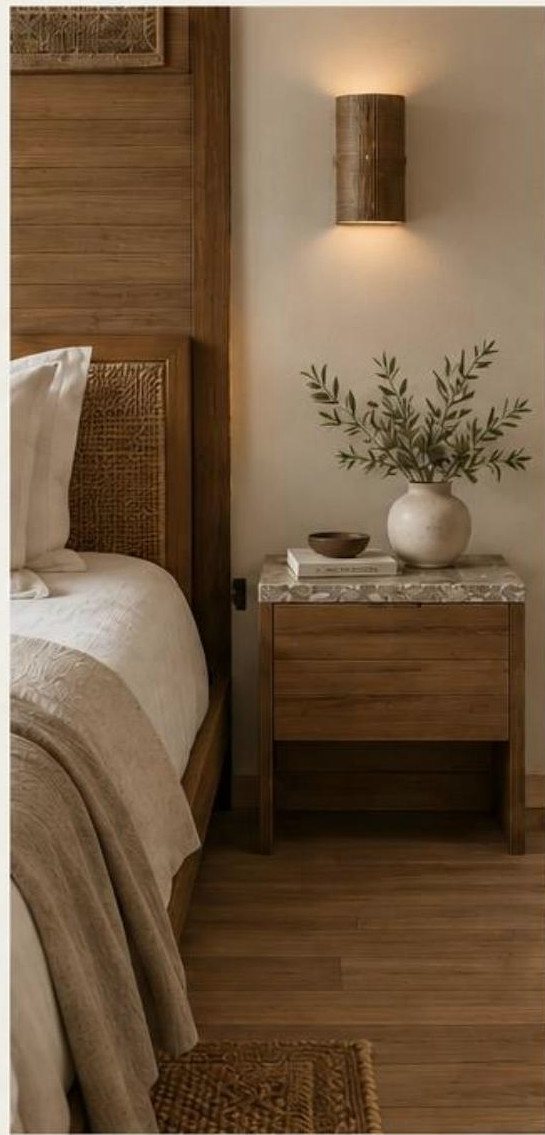 A bedside of walnut and marble with a sconce and an olive branch