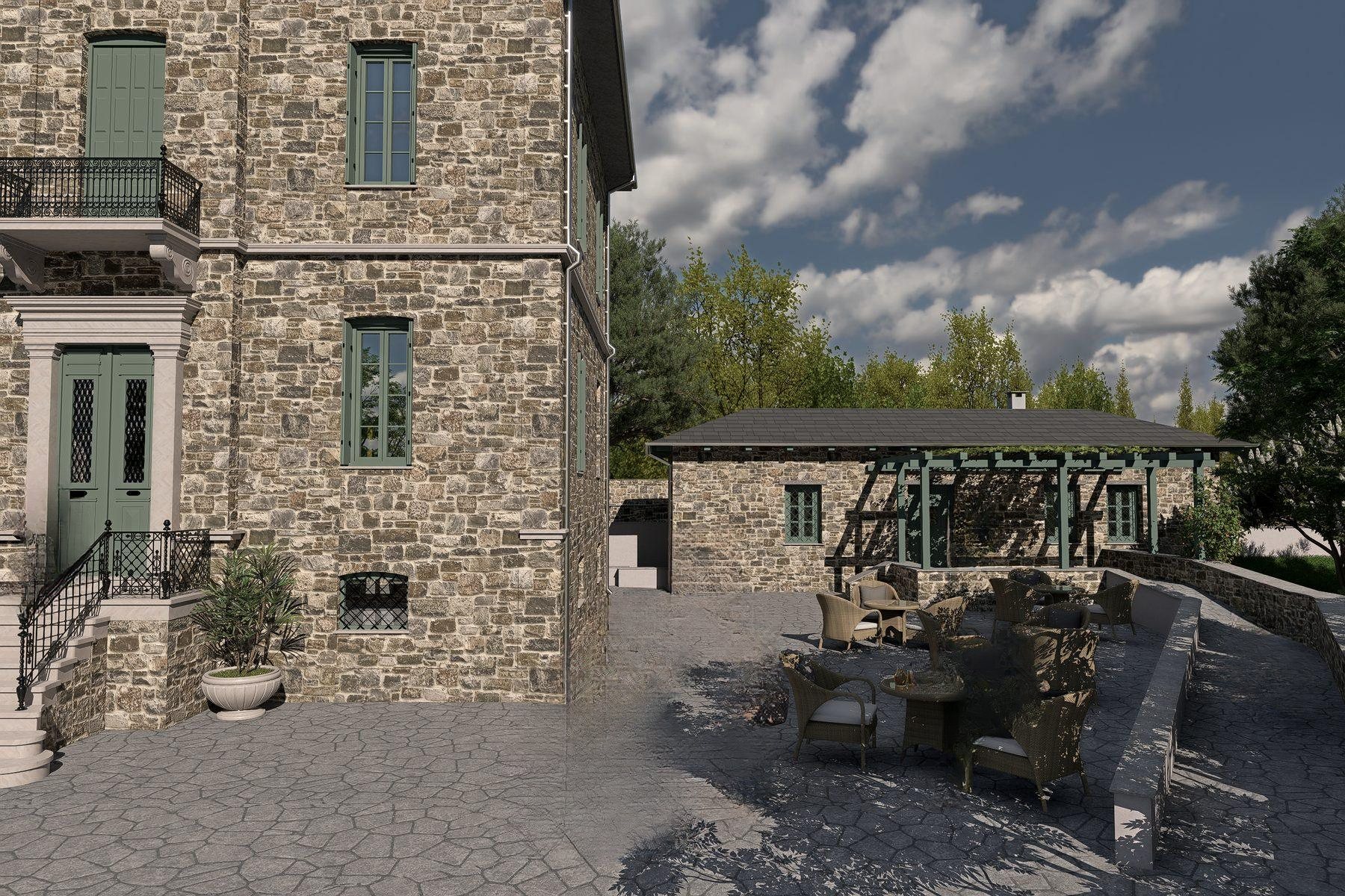 Tables under the pergola in the courtyard of the mansion