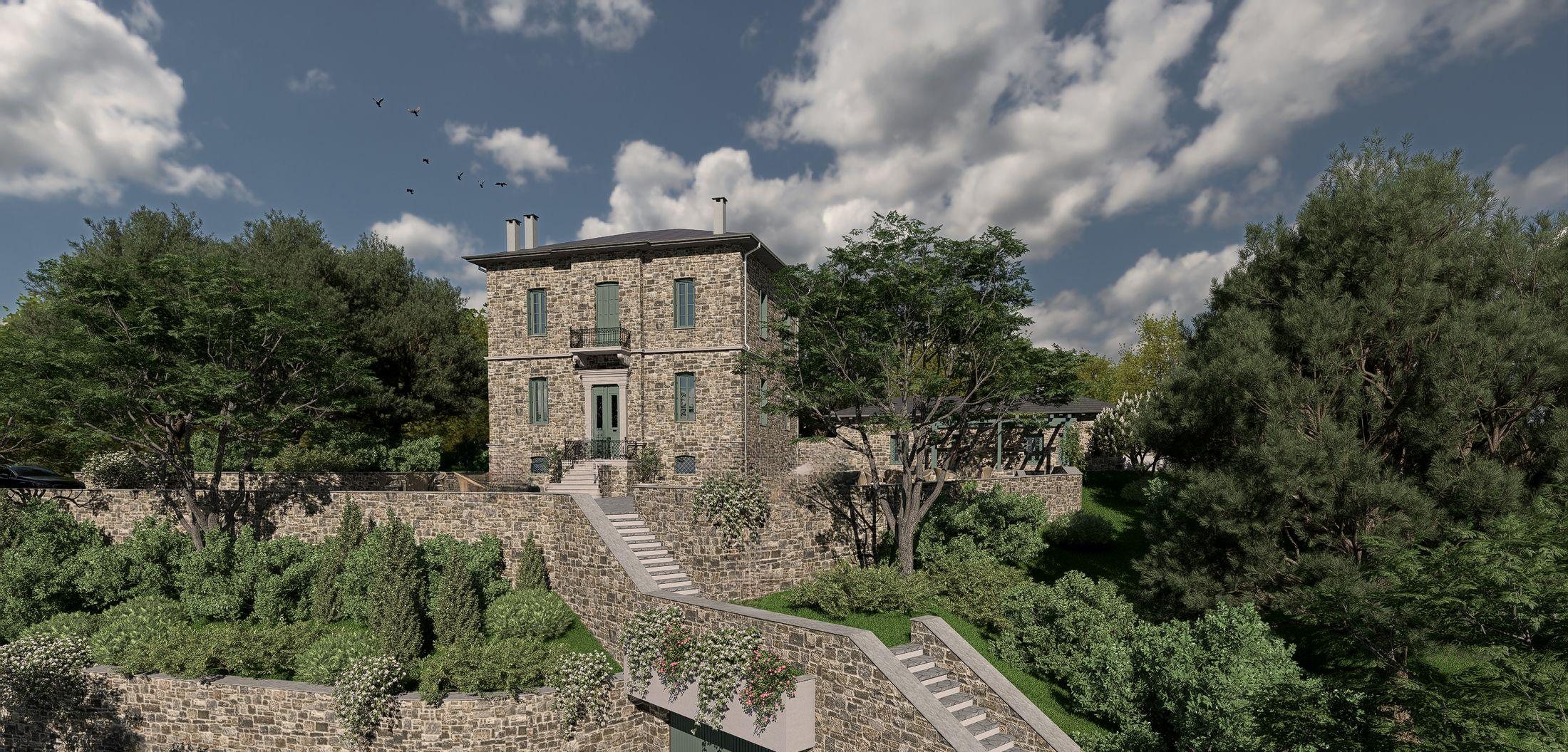 The stone mansion of CENTAURS above its terraced gardens in Tsangarada