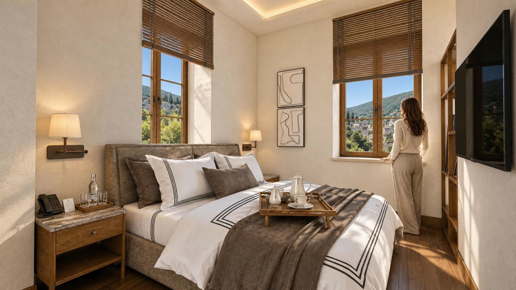 A bedroom with a striped linen throw, bedside lamps and two windows onto the hills