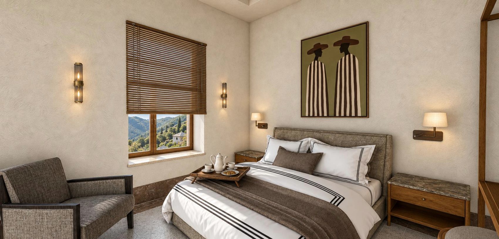A suite with a canopy bed, open wardrobe and chestnut floor