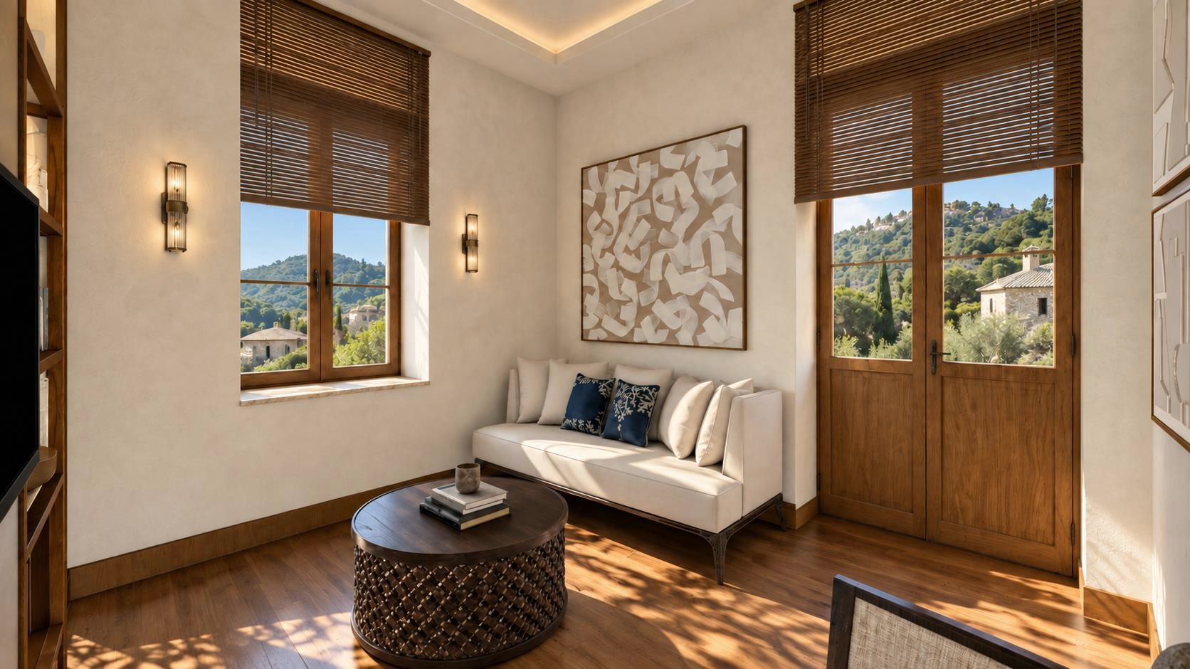 A sitting room with a linen sofa, a woven table and a tall window onto the garden