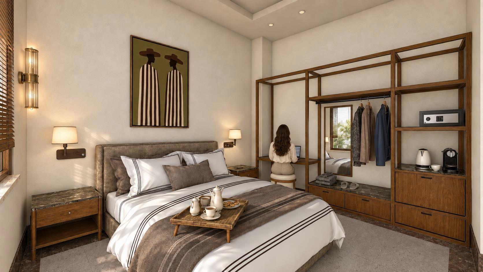 A suite with an open wardrobe, a four-poster bed and a window onto the garden