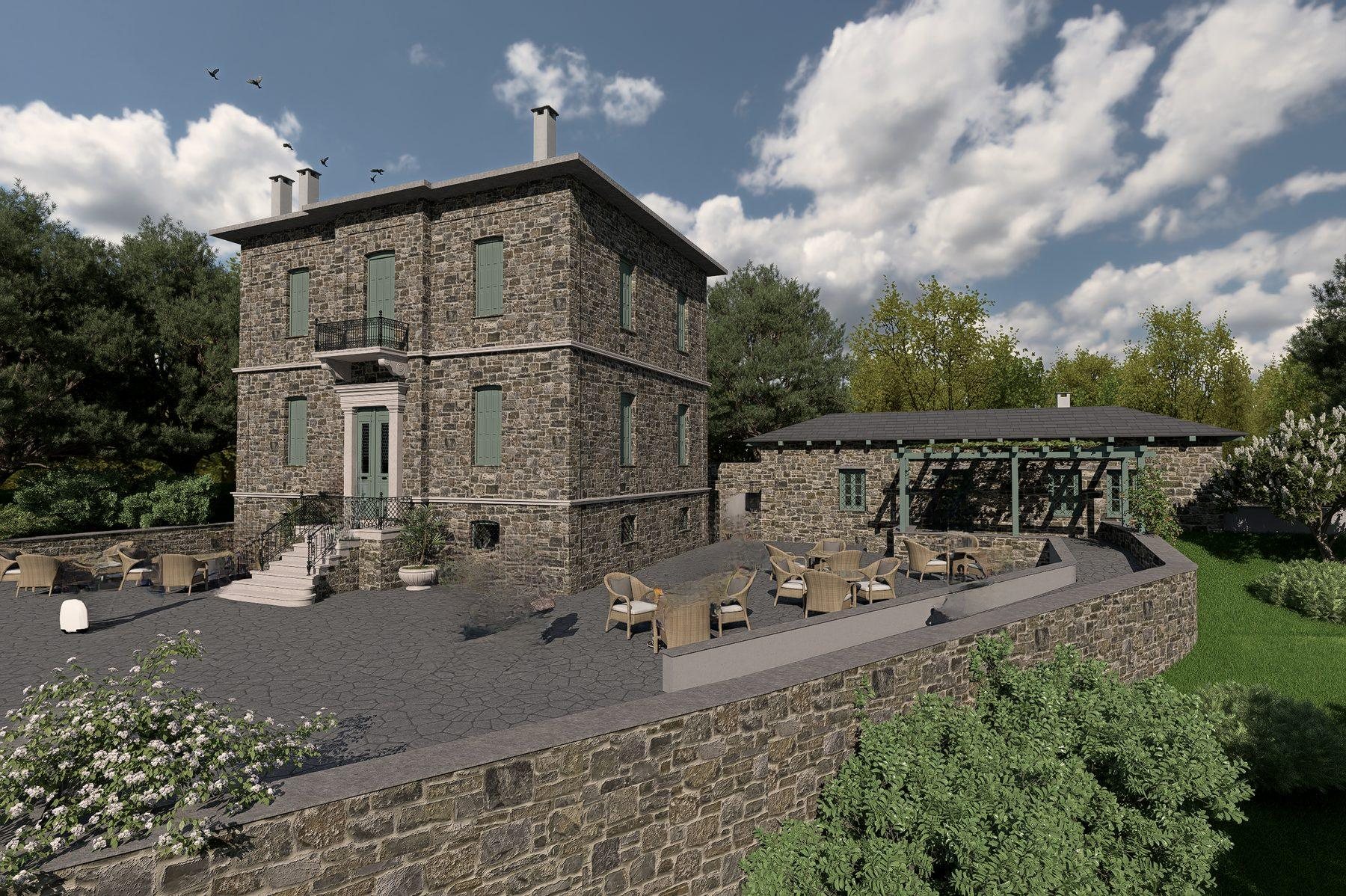 The terrace and pergola beside the mansion